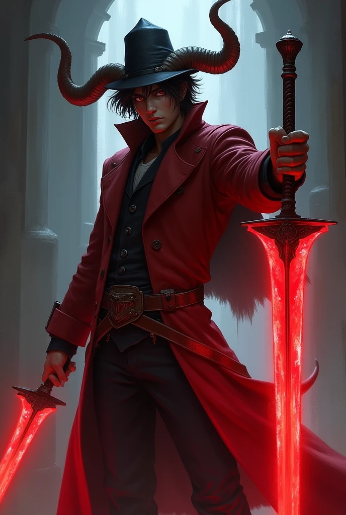 Male red mage, wearing long victorian coat with leather belts tricotn hat, mid long dark hair, red glowing rapier, flat horn sprouting from the back of the neck to the sides, menacing pose, final fanrasy style