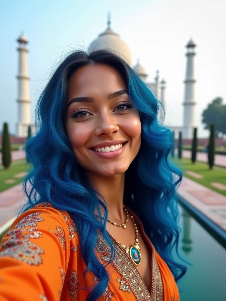 Smiling Beautiful biracial latina woman, long wavy blue hair , blue eyes, large breast, selfie pov, in front of Taj Mahal in India, wear India clothes, wink eye,Résolution Haute, 