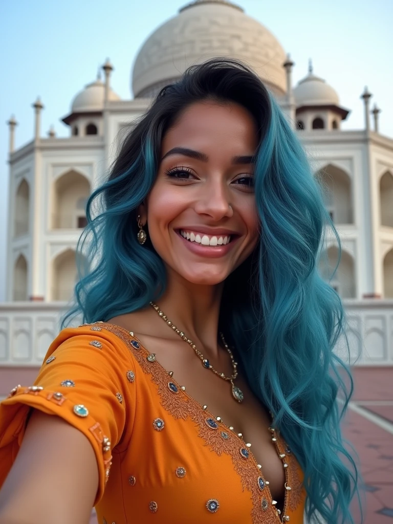 Smiling Beautiful biracial latina woman, long wavy blue hair , blue eyes, large breast, selfie pov, in front of Taj Mahal in India, wear India clothes, wink eye,Résolution Haute,