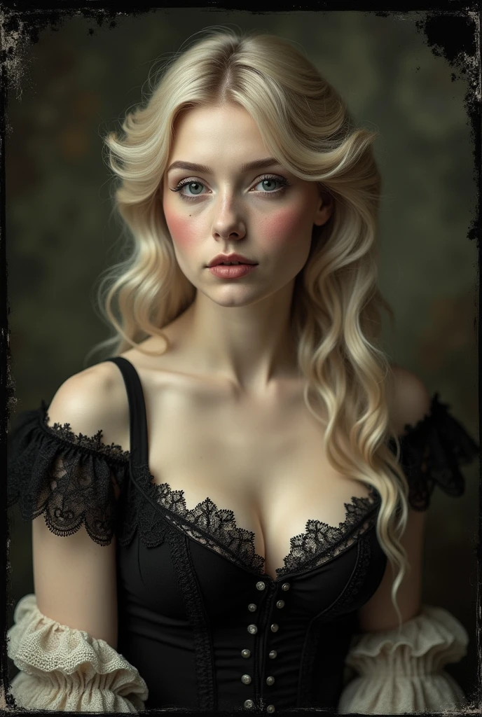 A medium shot photo, buste of blond woman, with an onion-like face with white skin when you press it it turns light red, long ondulating hair, big DD cup breast, black lace bra, Victorian era, Victorian style photography, anthotype print