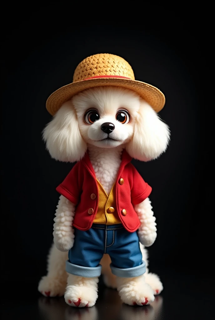cute、A toy poodle cosplaying as Luffy, the main character of One Piece、Standing directly in front of me、3 heads、solo、alone、central、The background is pitch black、
