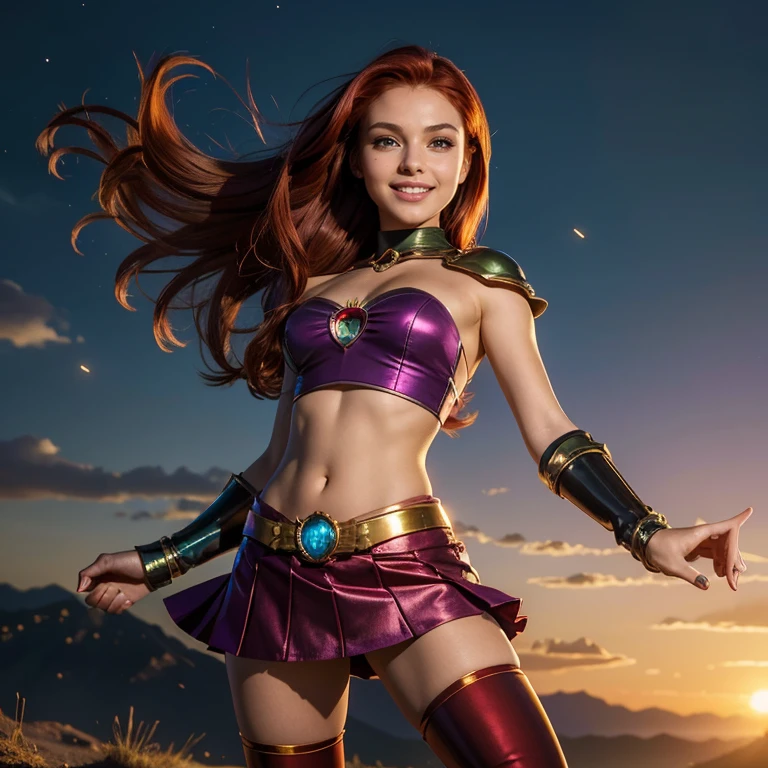 (​masterpiece, best quality:1.5), highest quality, High resolution, super detailed, Realists, Full body photo of 18-year-old Starfire from Teen Titans, detailed and beautiful green eyes, beautiful detailed lips, very detailed eyes and face, longeyelashes, additional eyebrows in the forehead area, Beautiful and colorful makeup, Fighting Pose, dark red hair,  orange skin, bright daylight, bright colors, fine brushstrokes, Portrait style, beautiful color palette, glowing skin, First-class rendering, that captures every detail, enchanting atmosphere, (perfect anatomy:1.2), (The two stunning dark red-haired Starfire wear a shiny top with shoulder plate,  Skirt and overknee boots.Animated series Teen Titans 2003, Starfire flies through the air,  Energy radiates from their hands. She smiles with joy Panoramic view:1.2)