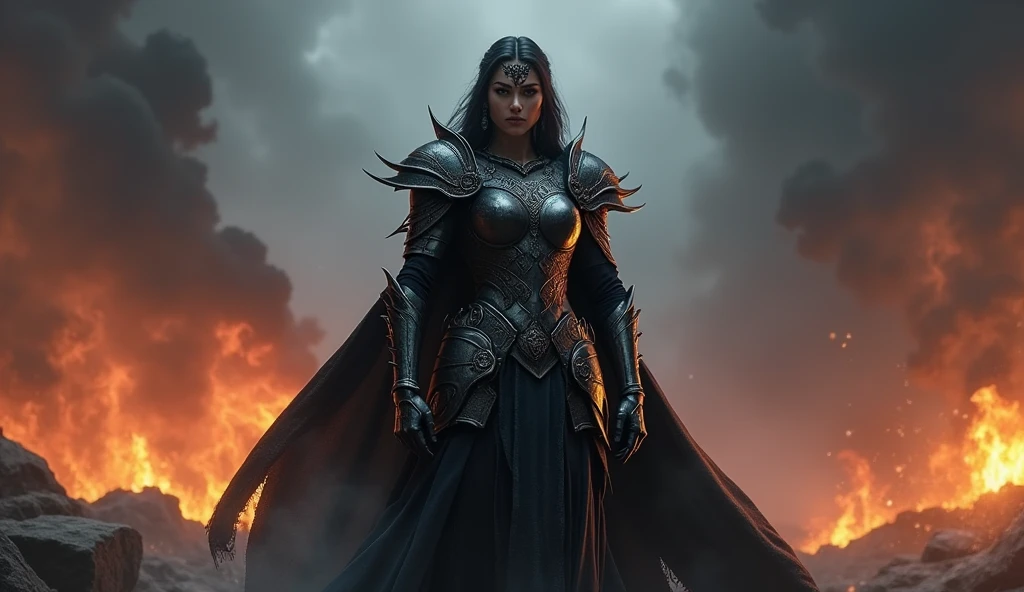 Text"Abyss" goddess of war stand in the war, dark theme, fire