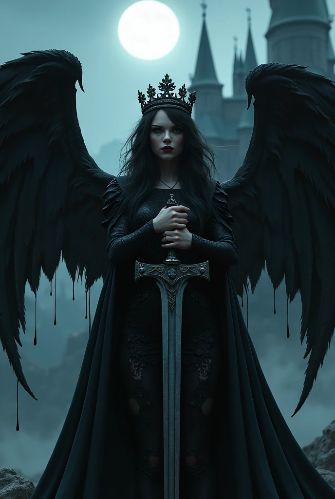 Taylor Swift vampire, wings, black dress, sword, smirk, blood, long nails, cape, crown, long hair, castle, dark, moon, fangs,