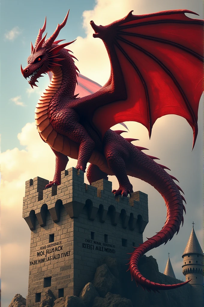 The Inner Guardian Red and Black Western Dragon on Top of a Brave Castle Prints, with brave words