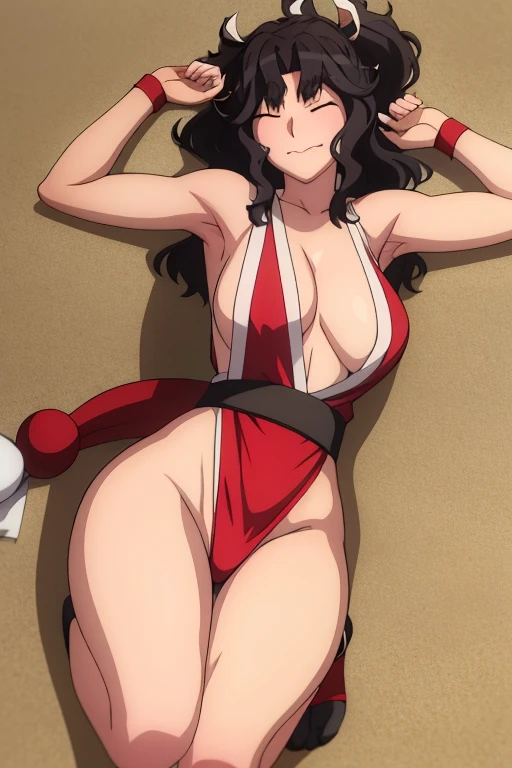 masterpiece, best quality, beautiful art, high resolution, well formed hands, body and fingers, 1 woman, solo, Kaoru Tanamachi, 31 years old, red makeup, red lipstick,adult, grown up, cosplaying as Mai Shiranui , mai_shiranui_cosplay, adult, large and big breasted, cleavage, full body , hair ribbon, gorgeous legs and, thighs, sexy Japanese clothes, hair ornament , sexy and bare legs , hips and thighs, panties peek,ryona,in peril, she is defeated, knocked out, passed out, closed eyes, fainting, exhausted, unconscious, laying down on the sand, extended exposed body, full body on the sand, breathing heavily, sexy smirk on her face, bouncing breasts, sexy defeated and KOpose, defeat and KO scene, fallen beauty, martial arts tournament with beach environment.