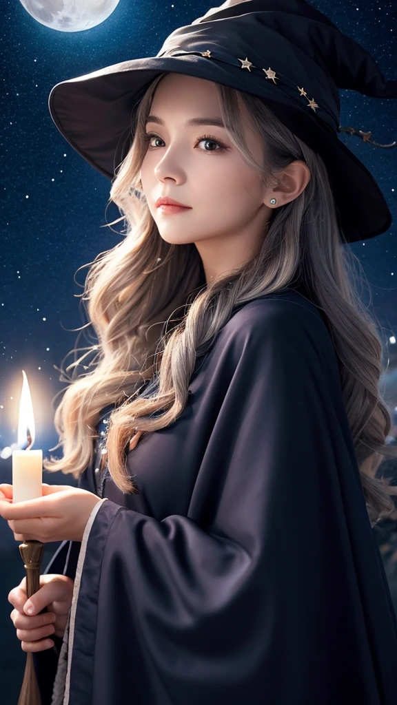 An old woman witch、Long wavy grey hair、With a candle、Facing forward, looking ahead、Wearing a navy blue cape and hat、The background is a starry sky and the moon