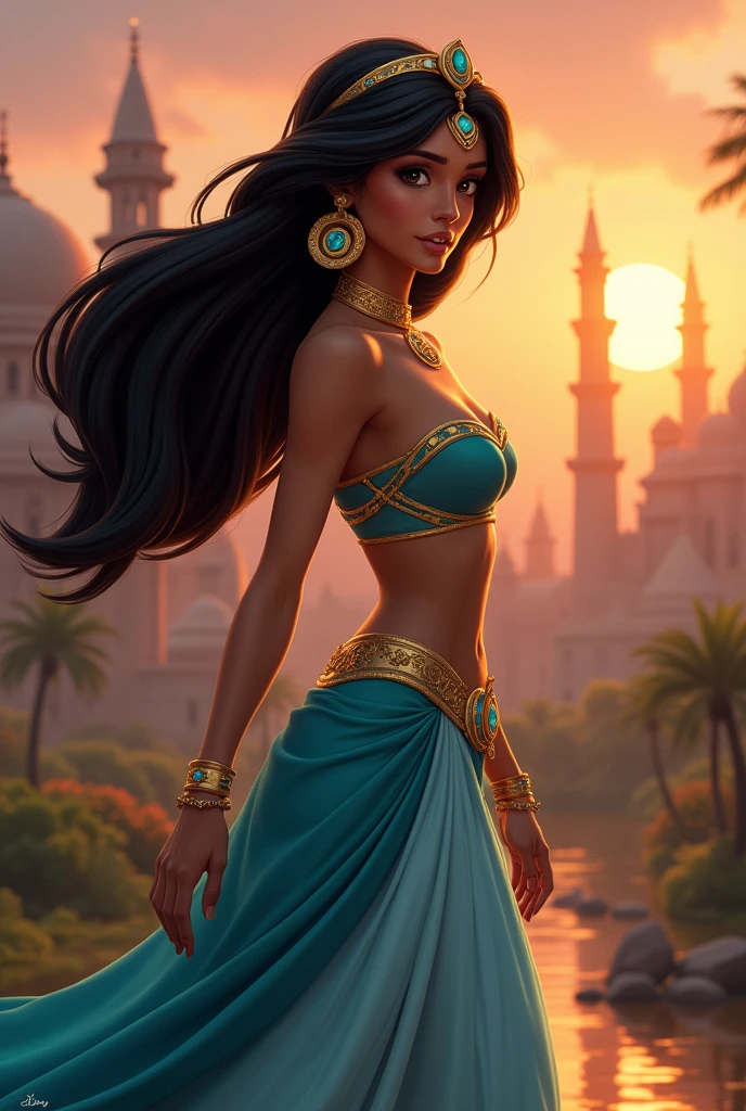 Stunning Princess Jasmine, photo in 8k, in action, cinematic.