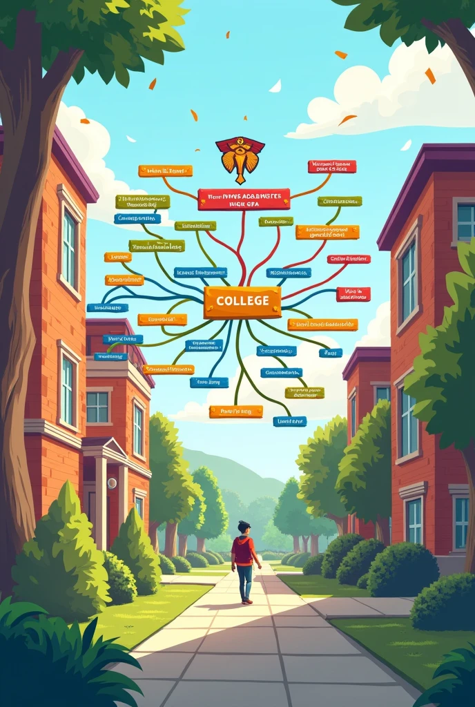 Create a mind map that contains things that will be achieved during college, such as graduating with a high GPA, cum laude, being happy, healthy, and being able to socialize well. 