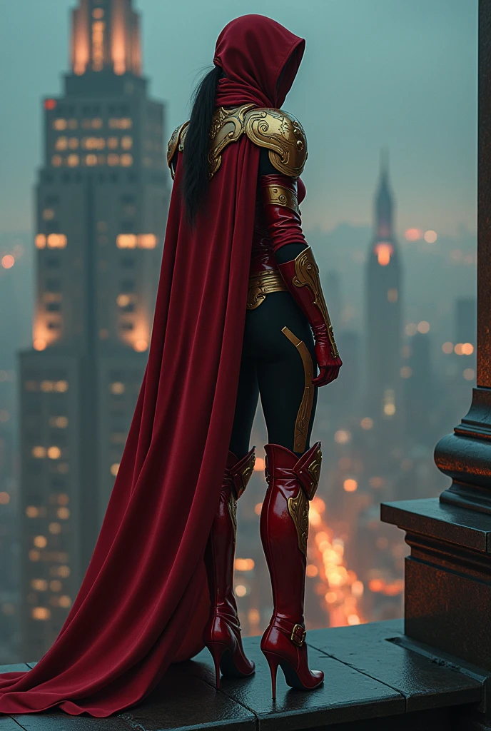A photography of assassin's creed girl is wearing red gold armour clothes with red high heels.  She was stand top of building with night scene view. The mini board was saying "AI GENERATE HAZRIN RYNN"