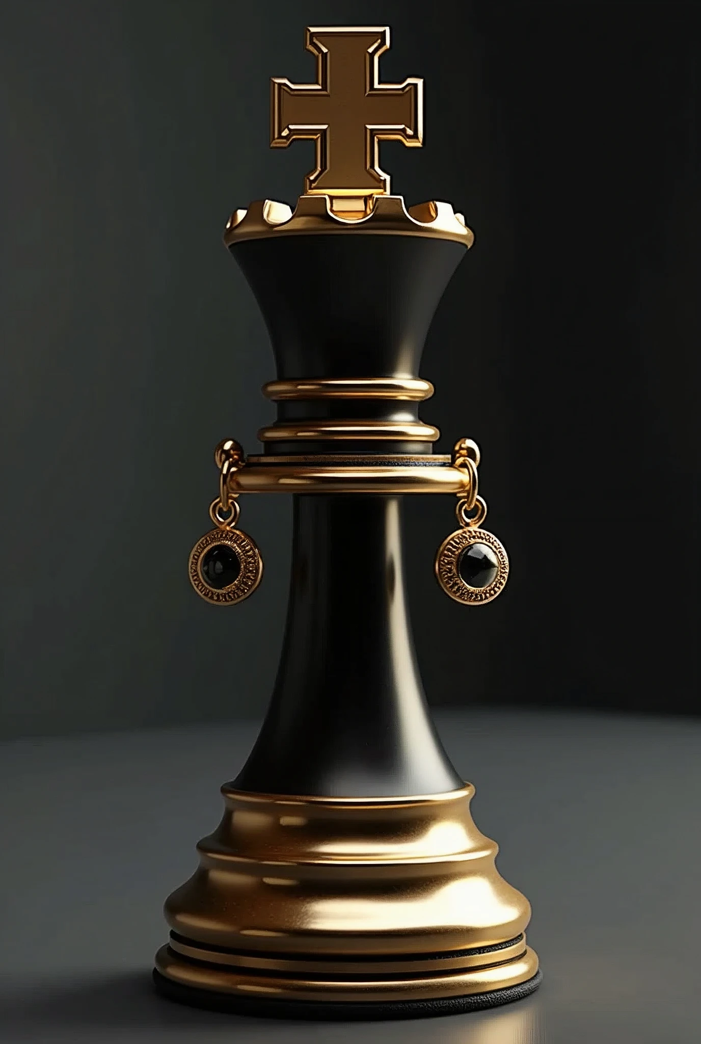 /imagine prompt: a chess piece, specifically the queen, elegantly adorned with a pair of stylish gold earrings. The piece should have a sophisticated and luxurious look, blending realism with artistic flair. The design should feature rich tones of gold and black, with a minimalist background to keep the focus on the chess piece and its accessories. The overall look should reflect elegance and high-quality fashion suitable for a semi-jewelry brand and with few background effects, solid image--ar 4:5 --q 2