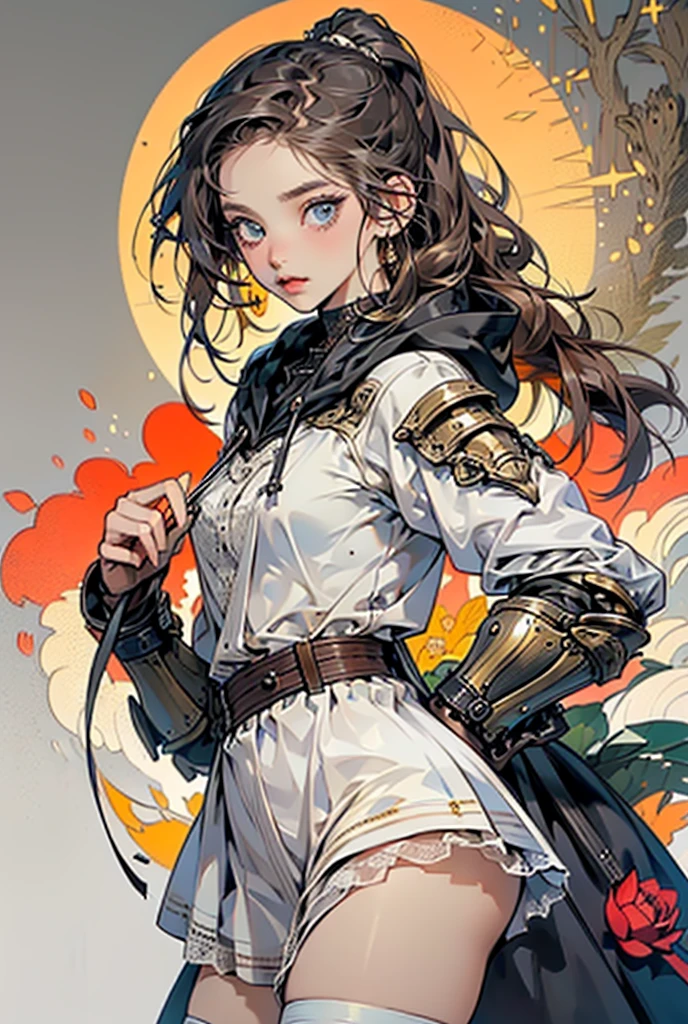 (((masterpiece, of the highest quality, super detailed))), (a witch belonging to an occult order of knights), (a knight crossed with a witch), extremely detailed cute anime face, intricate eyes,beautiful detailed eyes,symmetrical eyes,(((detailed face))),beautiful detailed lips, (((dark hair, long ponytail, thick ponytail, heavy ponytail))), (((Very sharp focused eyes))), ((small breasts)), very long eyelashes, occult aesthetic, (resolved expression), resolute expression), Victorian era inspired, ((minimal but intricate beautiful armour)), (Fluttering lace flared dress with frilly petticoats), ((Bloodbourne inspired)), (red and white clothing detailed and intricate steampunk and detailed gothic), (with a hood), thigh high flared lace stockings, complex lace boots,