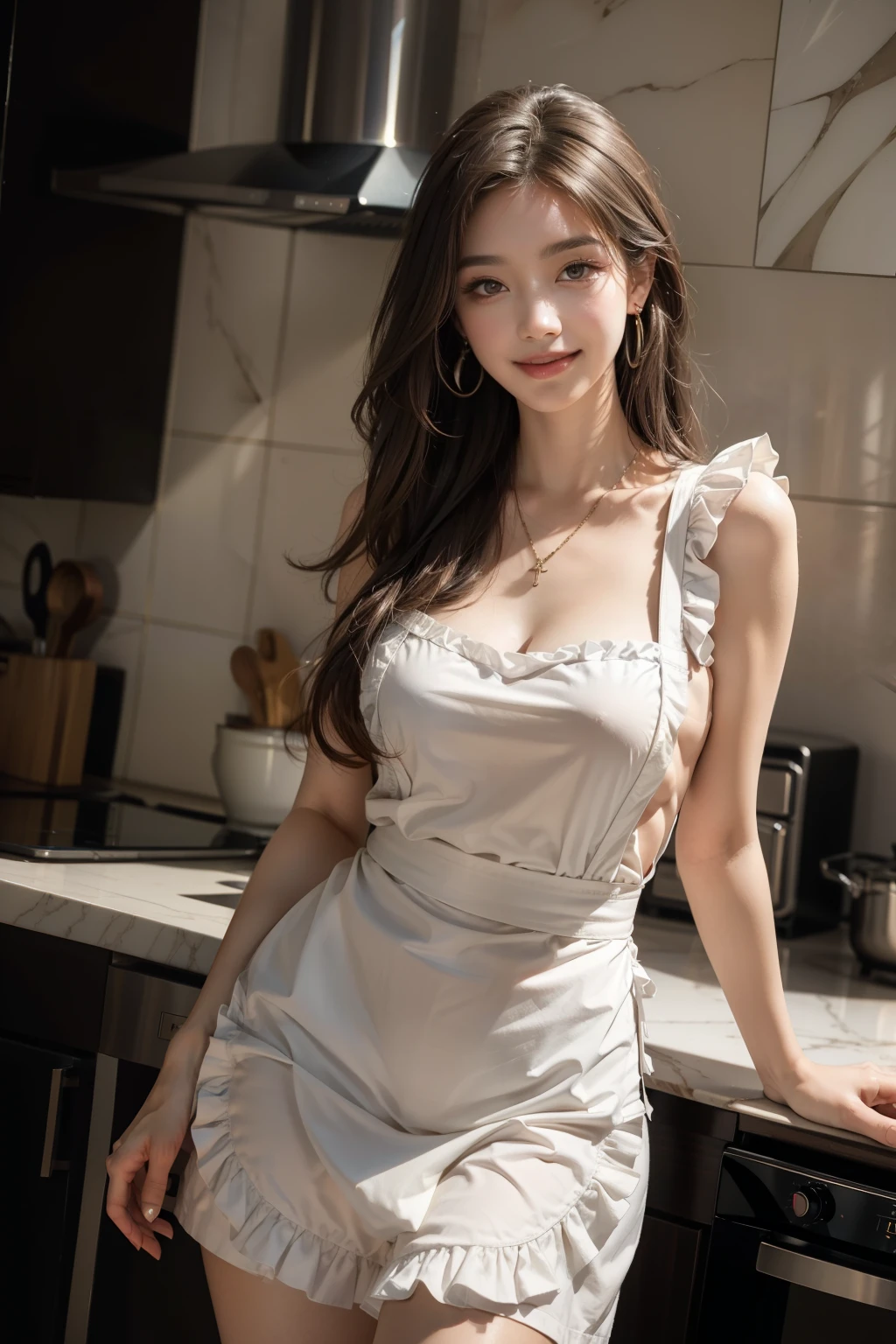 (best quality, 8k,32k,masterpiece, UHD:1.2),extremely detailed CG unity 8k wallpaper,intricate details,Raw photo,(photorealistic:1.4),atmosphere,ultra high res,Realistic,Real,Huge_filesize,incredibly absurdres,(centered:1.3),Ultra illustration,(ultra-detailed),cinematic lighting,various colors,depth of field,art by krenz cushart,golden hour lighting,taken by Canon EOS,SIGMA Art Lens 35mm F1.4,ISO 200 Shutter Speed 2000,blurry background,
BREAK,
1girl,(smile:1.5),slim body,(long hair with see-through bangs:1.4),solo,18-year-old Japanese beautiful woman,(kitchen,all white frill apron:1.5),(light brown hair:1.5),((brown eyes)),Large breasts,chest, Soft white skin that shines with every detail,pale skin,Very beautiful face,Very well-formed face,Natural and realistic face,Best,beautiful detailed eyes,striking eyes,Eyes drawn in detail, smile with your mouth closed,Detailed mouth,Detailed lips,shiny beautiful lips,Glossy lips,simple earrings,necklace,jewelry, solo focus,low neckline,
BREAK,
Back lighting,kool,Standing,
BREAK,
(dutch angle,sexy pose:1.4),cowboy shot,looking at viewer,
BREAK,tzuyu,yui aragaki,