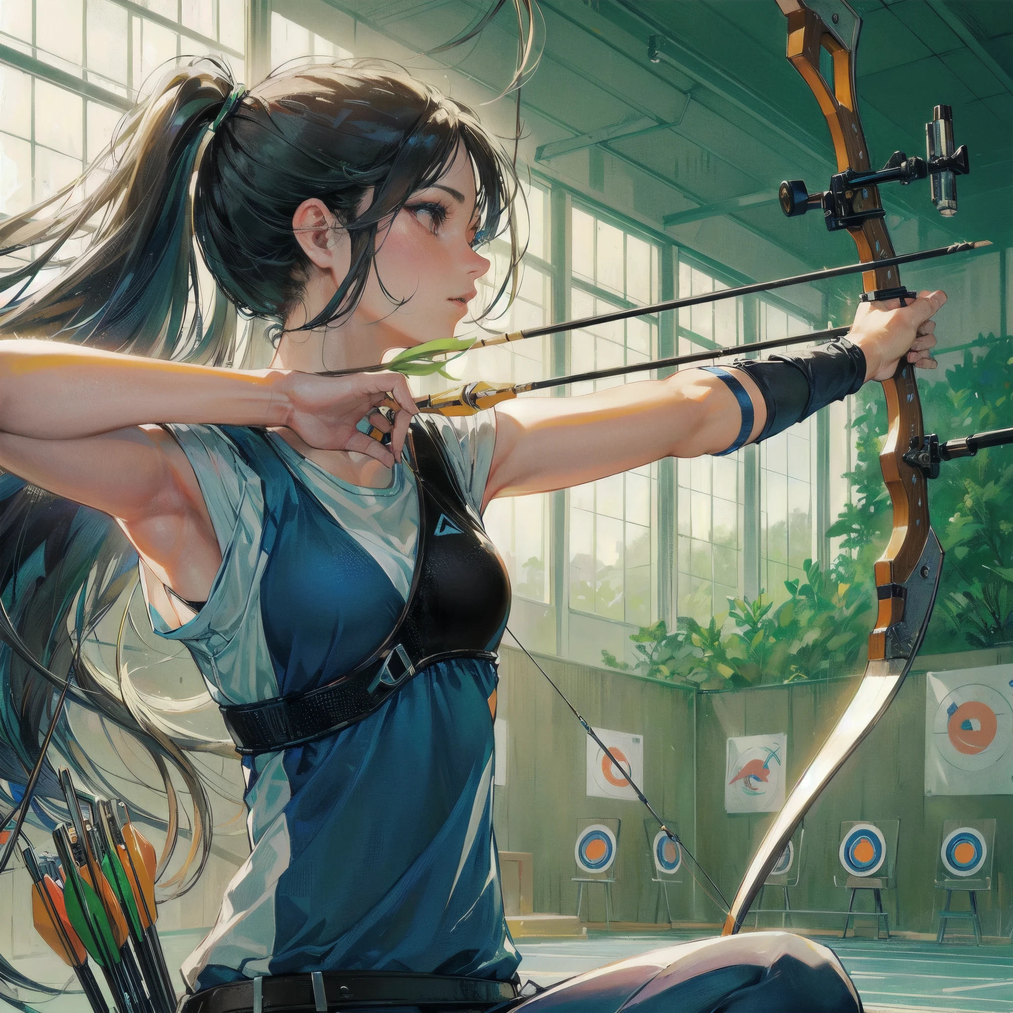 masterpiece, (textured skin), best quality, gorgeous beautiful girl, (a female archery athlete), detailed clothes,large breasts,narrow waist,, (beautiful face), cinematic lighting, (at archery venue ),