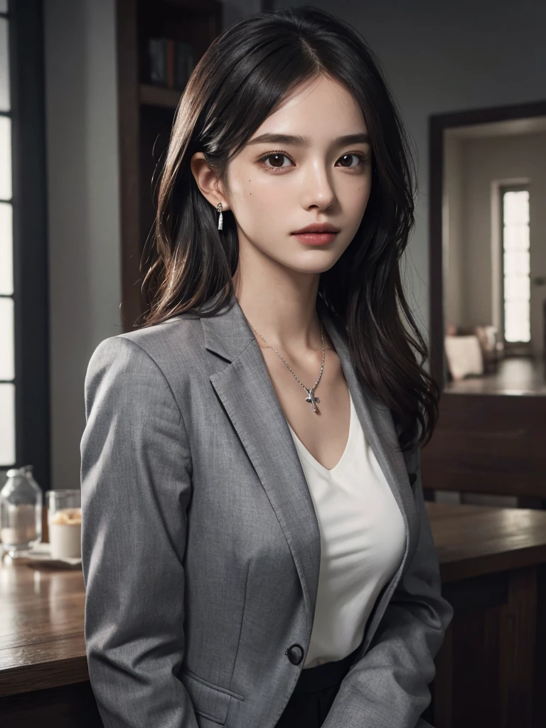 absurdres, RAW photo, extremely delicate and beautiful, masterpiece, Best Quality, ultra high resolution, 32k, hyper realistic, ultra-detailed, Very detailed CG 8k wallpaper, detailed background, landscape, Beautiful Lighting, Perfect Lightning, Realistic Shadows, perfect anatomy, anatomically correct, ideal ratio body proportions, perfect figure, Perfect Style, Perfect balance, super Detailed skin, in her 30s, very Slim body, narrow waist, very small head, very small face, delicate facial features, handsome detailed woman, very detailed eyes and face, realistic face proportions, Realistic beautiful face, Realistic beautiful eyes, tearful mole, earring, (full body shot), (very huge round tits), medium short hair, asymmetrical hair, wavy hair, indoor, dark grey jacket blazer, Dark gray trousers, white collar shirt, Silver Cross Necklace,