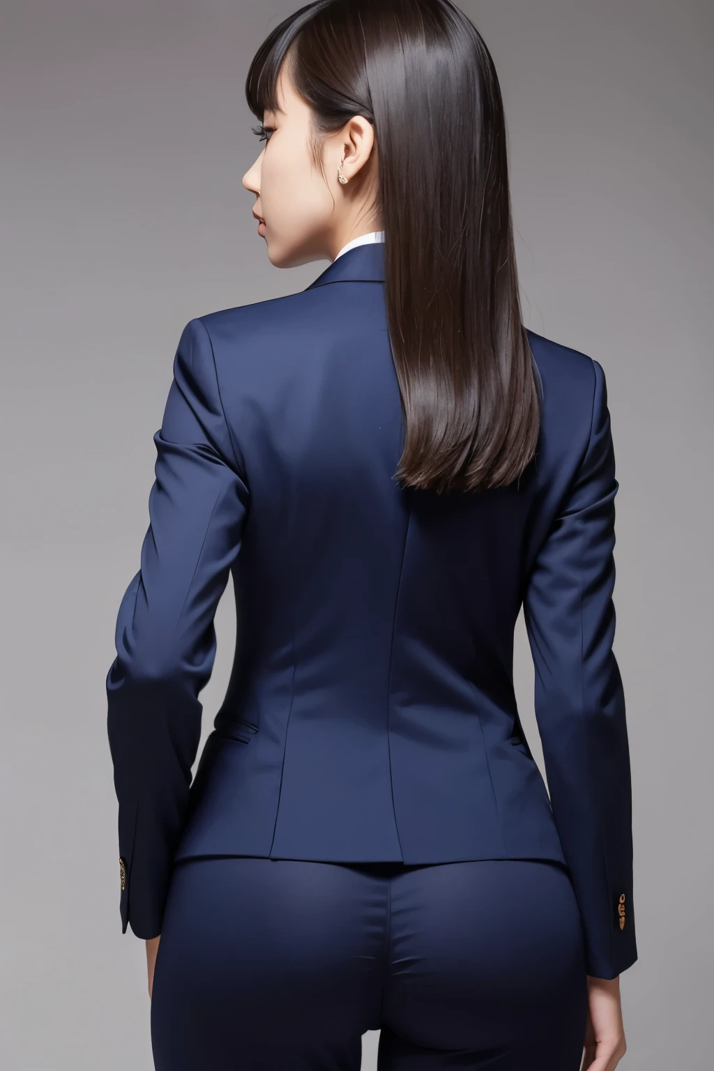 Back view of a girl in a tight pantsuit。The face turns around and looks this way,