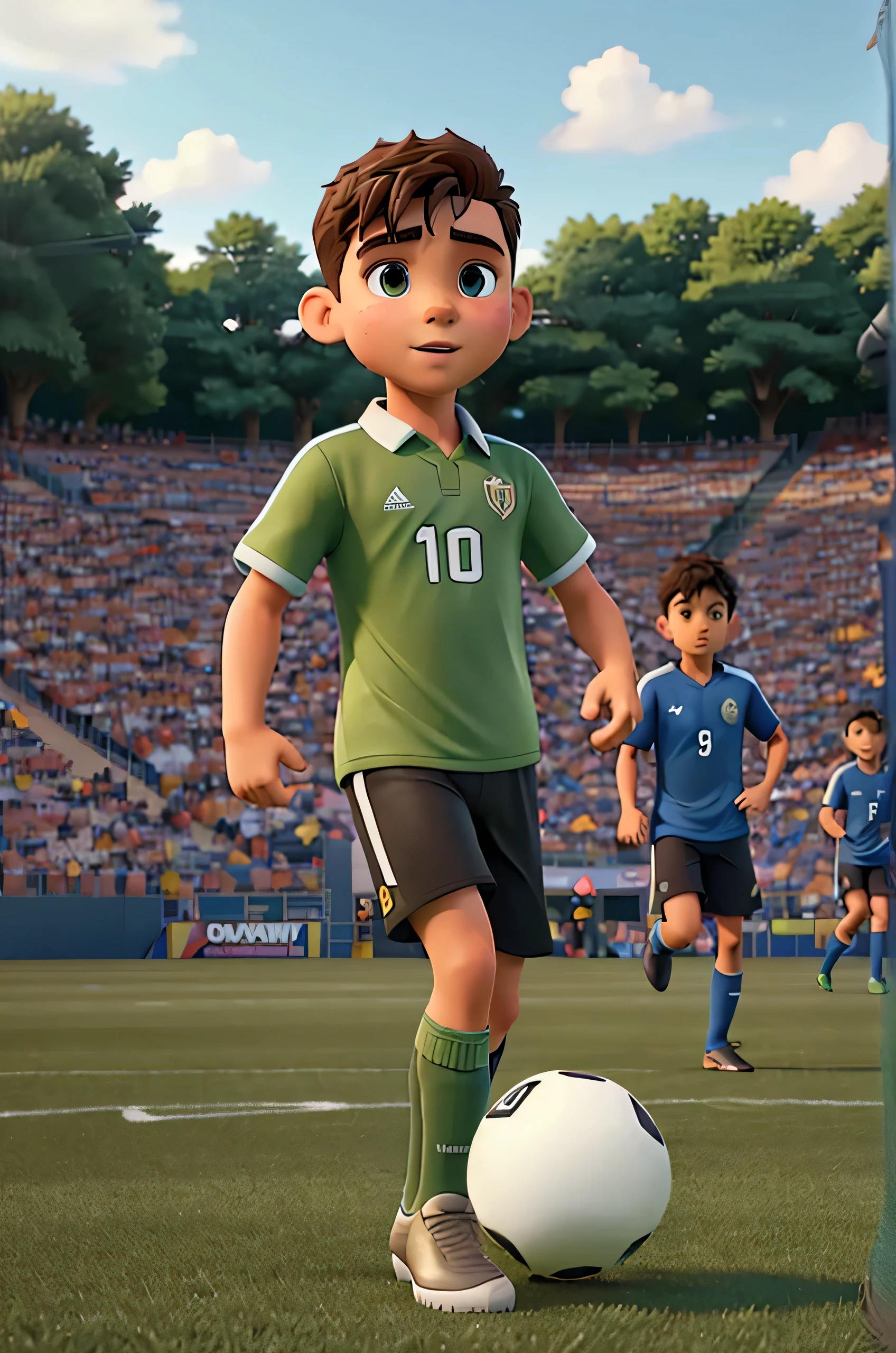 a boy playing soccer, boy kicking ball, boy in soccer uniform, boy on soccer field, green grass, sunny day, dynamic action pose, detailed facial features, muscular body, cleats, crowd cheering, stadium, golden hour lighting, cinematic composition, muted color palette, dramatic shadows, photorealistic, 8k, high resolution, masterpiece