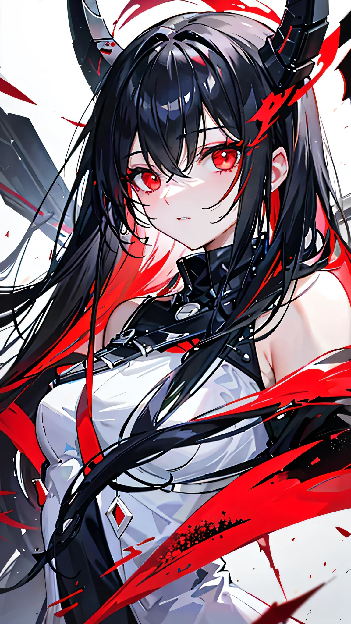 Dark style, black hair, white skin, red eyes, long hair, bangs
