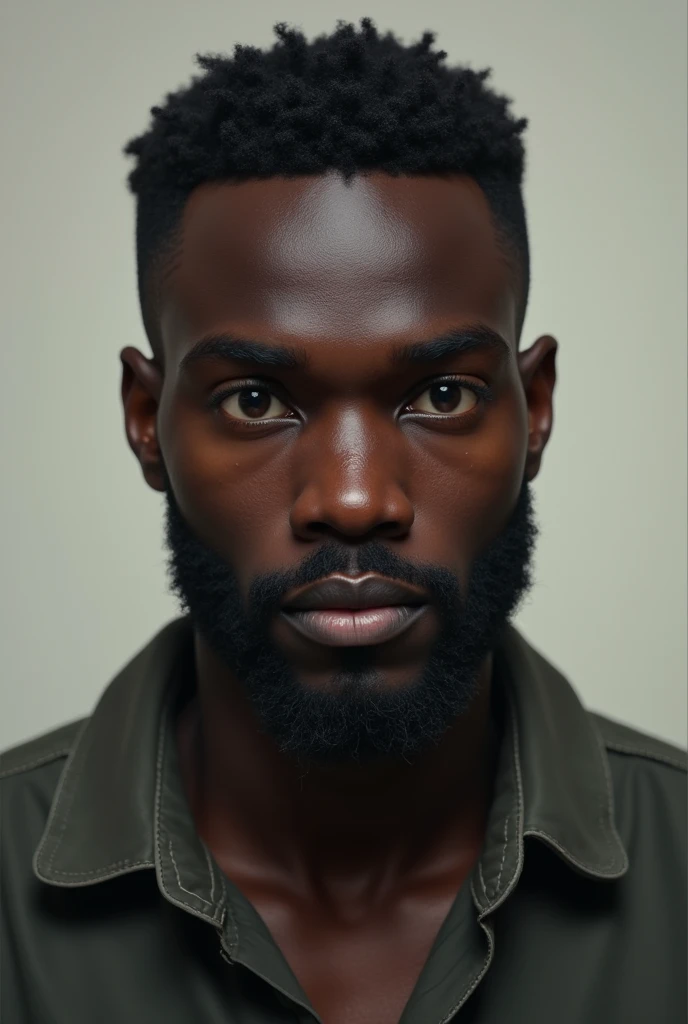 A tall man. African dark skin. About 23 years. Defined jaw line, few beards, wearing official casual outfit. Curious eyes, unreadable expression
