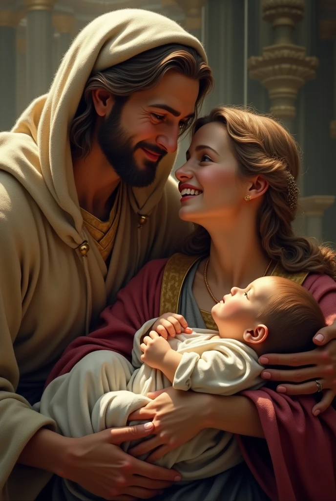 imagine the holy family, Joseph and Mary and the Jesus, friendly feeling, happiness, classicist painting style, ((Best Quality, 8K, Masterpiece: 1.2)), Ultra-realistic Graphics, Color Photography, Sharp Focus, Full Body, Pitying Gaze, Highly Detailed Facial and Skin Texture, Detailed Eyes, Direct Eye Contact, Super Resolution, Megapixels, ProPhoto RGB, Ultra HD