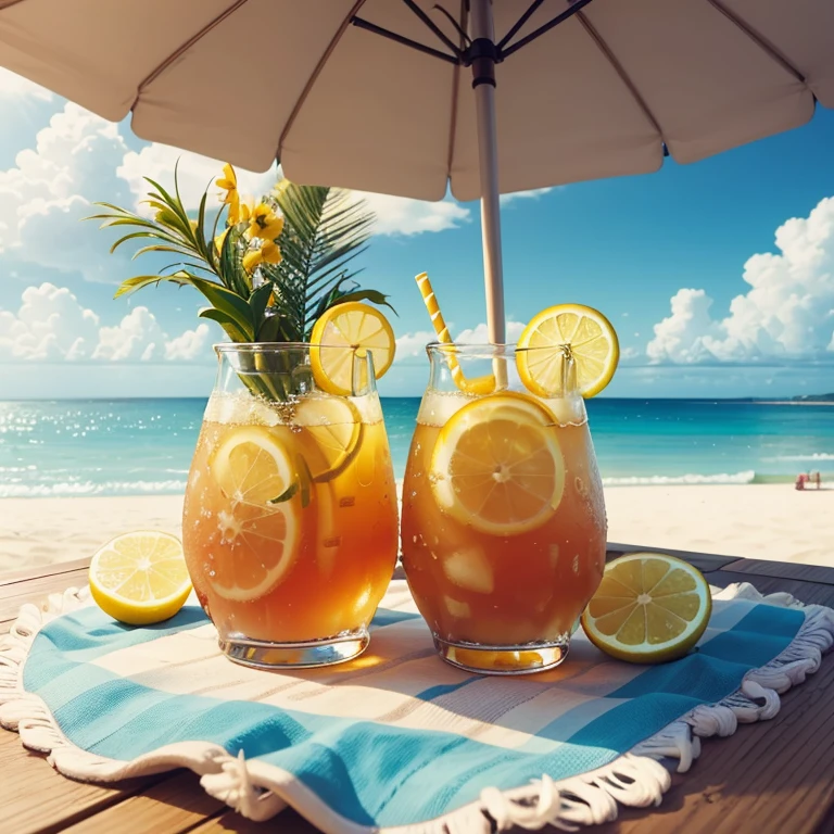 Masterpiece, best quality, high quality, 2 Lemonade, in a glass, One Ice Tea, Lemonade, ice cubes in the Tea, outdoors, on the table, Beach in the background, Summer, sunny day