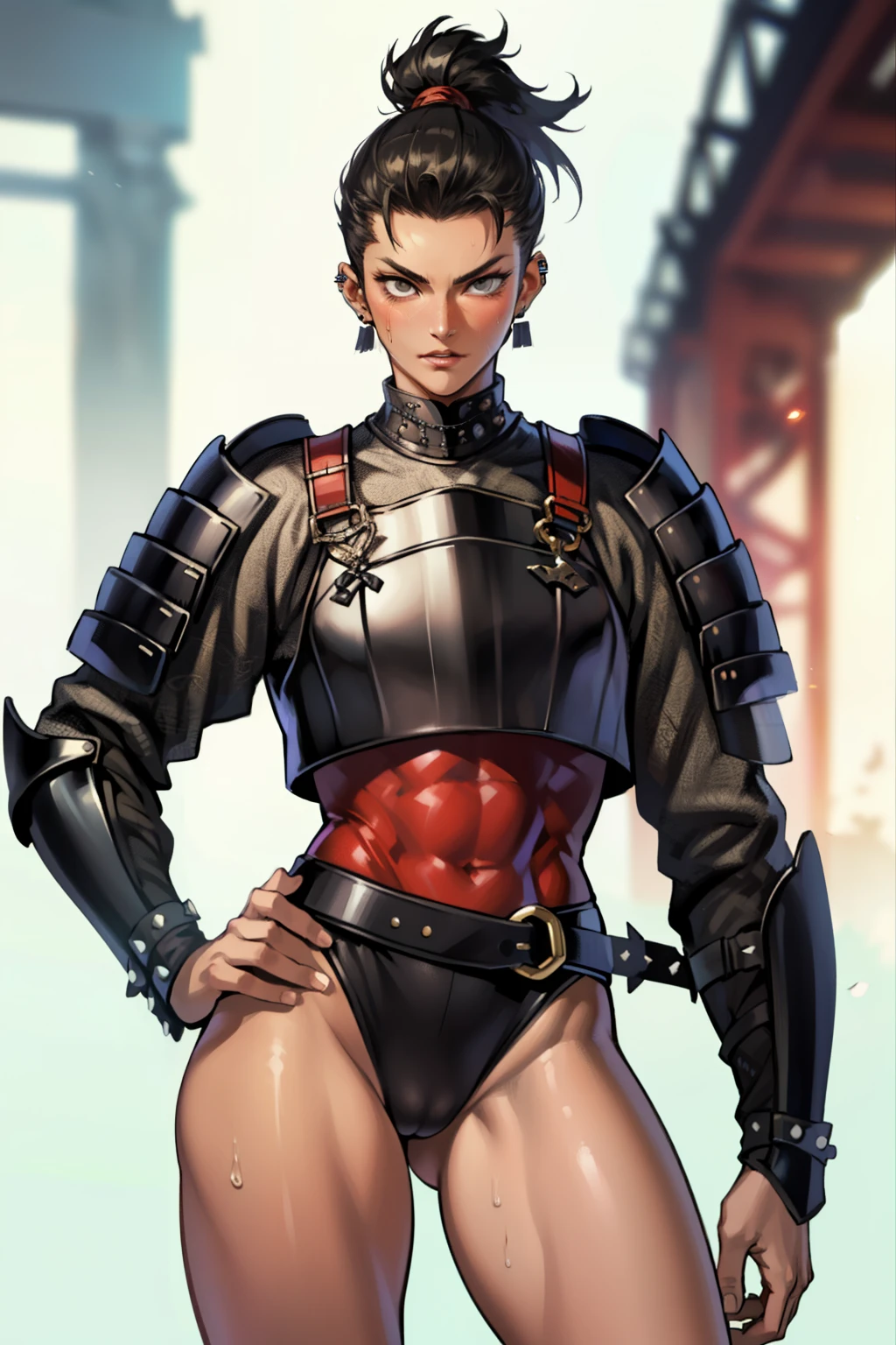 (high resolution, pixel perfect, gorgeous illustrations), (hyper quality, muste piece, etheric: 1.4), (((cowboy shot))), face focus, ((solo)), (((Androgynous, boyish))), (((((punk))))), hot Rocker punk girl, ((((hand on hip, open stance)))), cool atmosphere, black hair, ((((very_short_hair, slicked_back_hair)))), ((((piercing)))), eyelid_piercing, nose_piercing, (((Exquisite face, aroused))), blush, tattoo, ((((muscular_female)))), (ideal ratio body proportions, slender, small breasts), fighter, ((naked armor)), (((highleg_leotard_armor))), (((cameltoe))), sweat, shiny skin, gleaming skin, simple background,