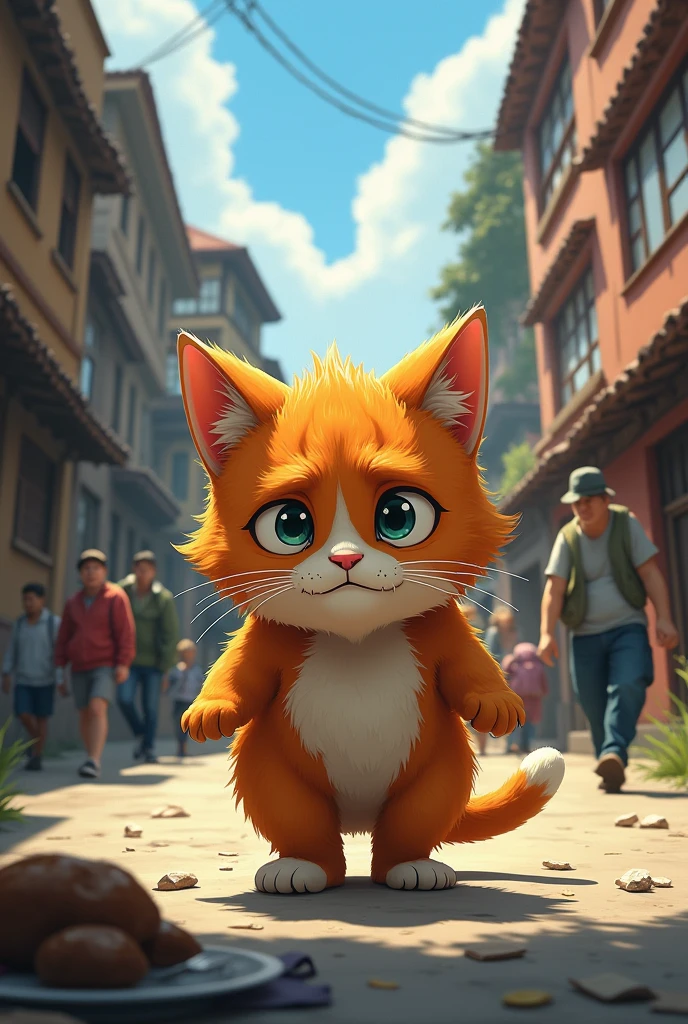 Hungry Cat on the Streets
A busy street in a small, run-down town during the day. A fat, scruffy, and orange cat with a few patches of missing fur is seen wandering the street. Her eyes are large and tired, with a look of desperation. Around her, people walk by, paying no attention to her. The buildings in the background are old, with cracked walls and faded paint. The scene captures the lonely and struggling life of the cat, named Mīnū, as she searches for food