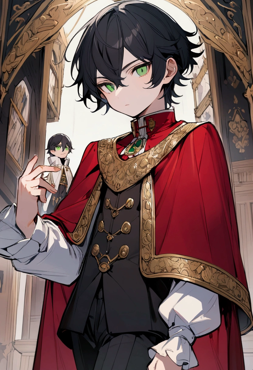 boy, , short stature, thin, black hair, green eyes, White shirt, a red cloak with a high collar, black pants, an aristocrat 