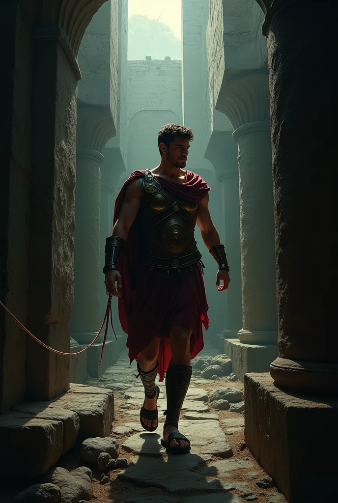 Theseus ( wearing his roman fighting clothes) unraviling thread behind him while walking in a dark labyrinth