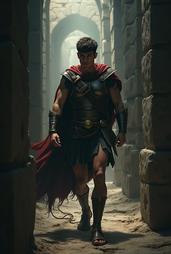 Theseus ( wearing his roman fighting clothes) unraviling thread behind him while walking in a dark labyrinth