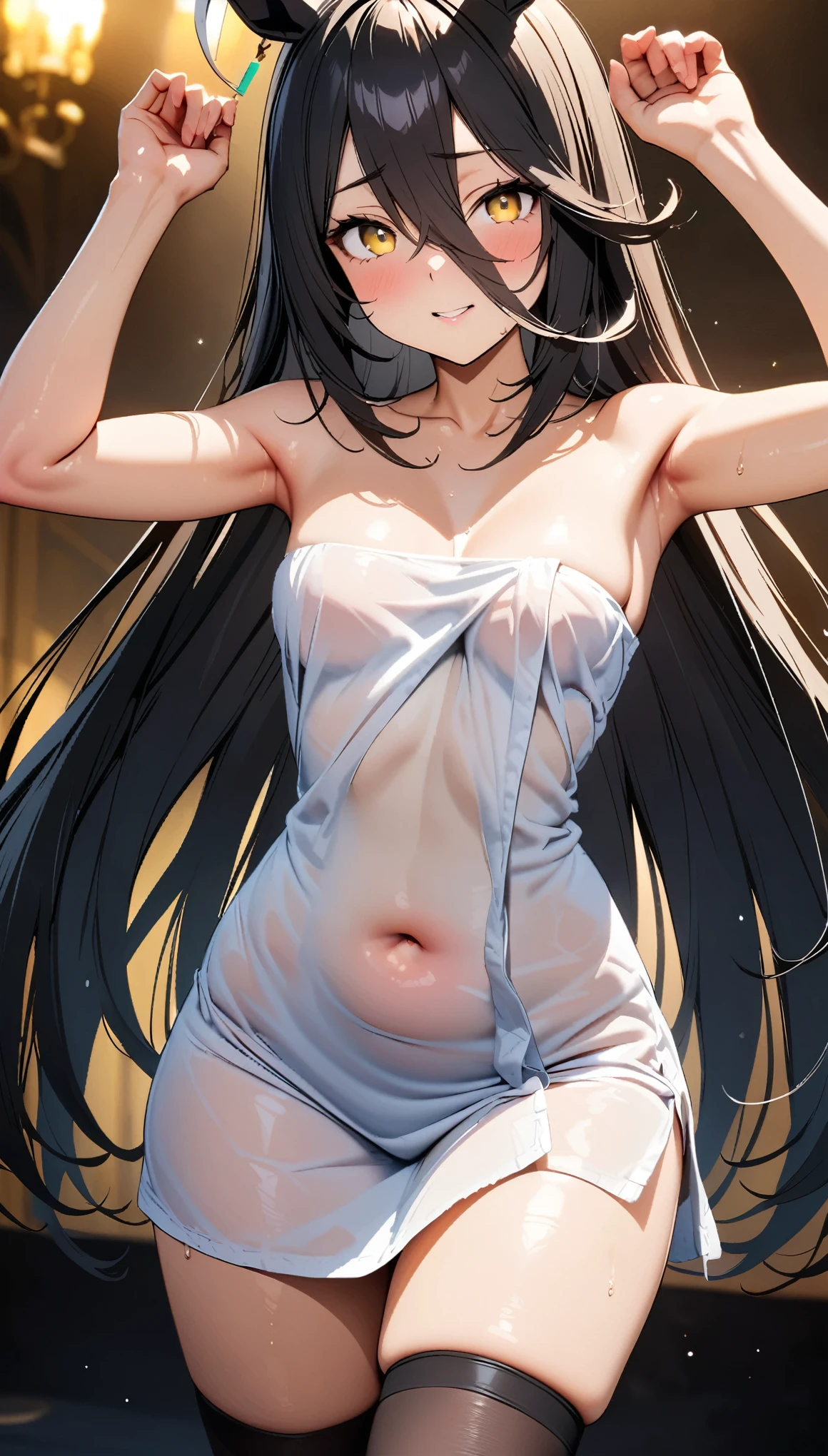 1girll，standing on your feet，spreads her legs apart，Raise the crotch，Long black hair，White high-fork swimsuit，lewd nun，A yellow halo is wrapped around his wrist，full bodyesbian，medium boob，There is a yellow halo on the back