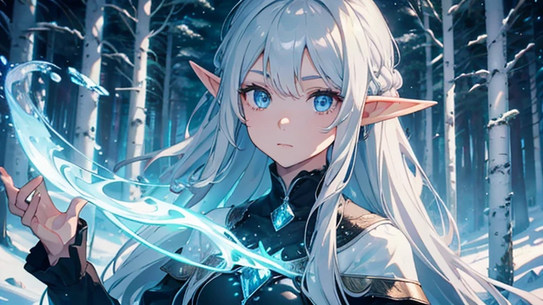 Freezing, Freezing and the Journey to the Afterlife elf girl, Flowing Hair, Gray Hair, forest, View your viewers, Detailed Iris, Detailed eyes, Highly detailed colors, 8k, sharp, Professional, clear, High Contrast, High saturation, , Vivid deep black, crystal clear, (Focus your eyes:, (forest background), Simple Background, Blurred Background, masterpiece, Highest quality