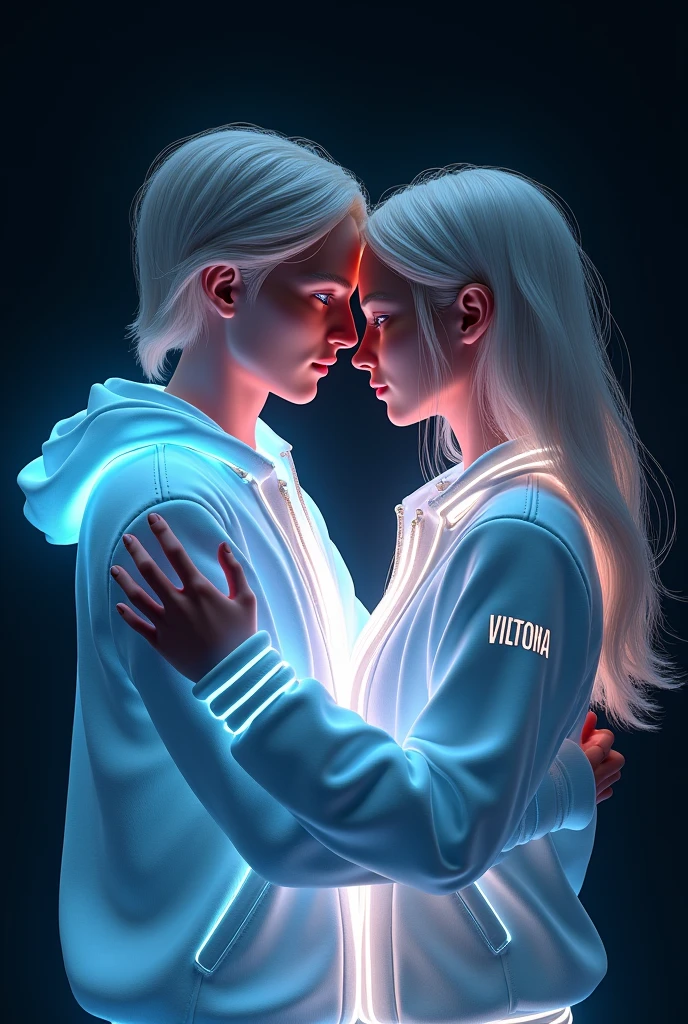 3D glowing male and female hugging with glowing hair wearing jackets with GASTON and VIANA written on them