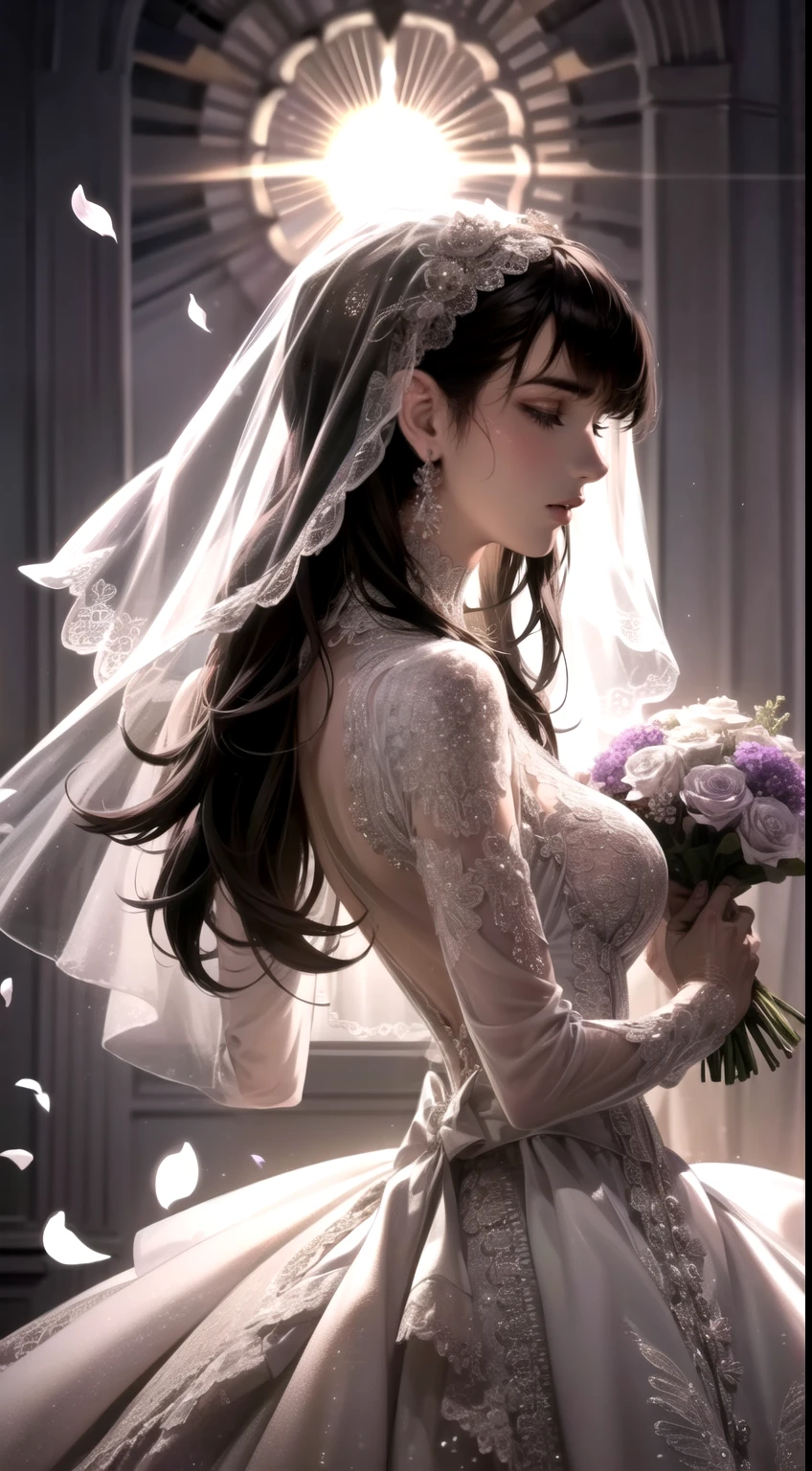 (Very delicate and beautiful:1.2)supermodel,,Big Breasts,Beautiful breasts,Tight waist、Small Ass、super high quality,8k,One Girl,bride,White lace dress,Princess Dress、luxury diamond necklace、Bouquet of roses in hand,And the sun was shining bright,And the sun was shining bright,Vibrant colors、highest quality, High resolution, 8k,, Sharp details, White floral dress, 21 years old、smile、Slim figure、Black Hair、bangs、Random Hairstyles、Couple, 1 male、1 female, Highly detailed face, ((woman with long dark black bangs and purple eyes)), Man with short dark brown hair and dark grey eyes, Face to face, Victorian Era, (A woman is wearing a wedding dress and holding flowers), (Smiling man in a suit), Dim Light, The boy is tall, (marry), (Woman with deep purple eyes), (Man with dark grey eyes), At a wedding、Second dimension beautiful girl