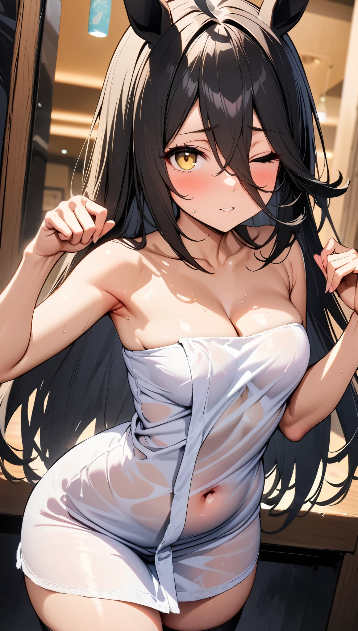 [[One person, Manhattan Cafe \(umamusume\), umamusume]], Beautiful attention to detail, Yellow Eyes, Close one eye, (puppet:1.5), Curvy, thin, Small breasts, (Black thigh-high socks), (Cleavage) , (Sexy pose), (Seductive pose), (Crop Top Belly Button), (Naked Towel, (see-through Naked Towel, Adhesive Naked Towel)), (Close-up shot), Dynamic Angle, Highest quality, Very detailed, masterpiece, Ultra-high resolution, 8k, Nipples, Horse tail