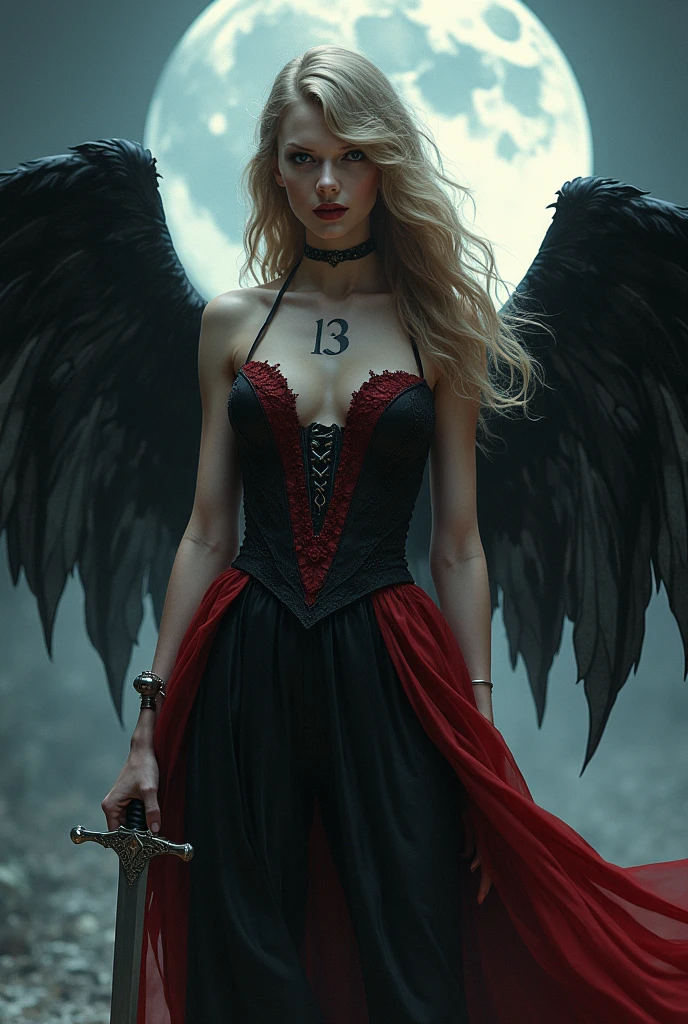 Taylor Swift, vampire, wings, black and red dress, sword, number 13 on hand, long hair, moon
