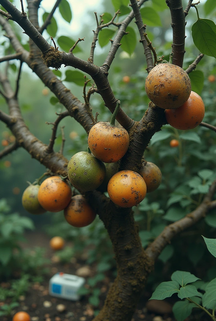 Images of deformed fruit trees, strange colors, close-ups of abandoned chemical bottles in the garden
