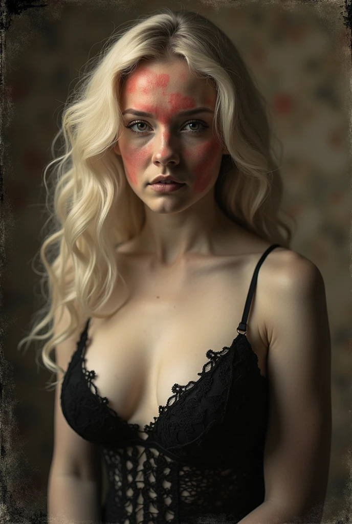 A medium shot photo, buste of blond woman, with an onion-like face with white skin when you press it it turns light red, long ondulating hair, very busty breast, black lace bra wide open cleavage, Victorian era, Victorian style photography, anthotype print