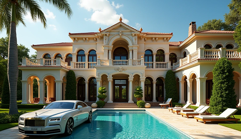 luxury mansion with a luxury car parked in front of it, luxury pool, luxury lifestyle, luxurious environment, luxury architecture, rich, huge mansion, rich style, luxury and elite, extremely opulent, luxurious, hyper luxurious, majestic masterpiece, wealthy, luxury, stunning grand architecture, exquisite masterpiece, flaunting his wealth, inside a grand, architectural masterpiece