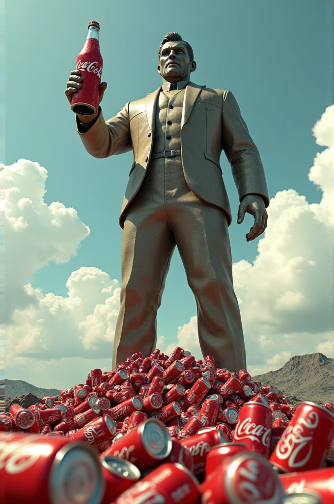 Statue holding a soda with the name Glouze, and stepping on countless Coca-Colas