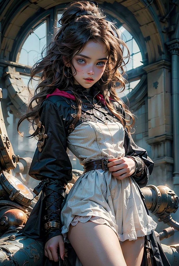  (((masterpiece, of the highest quality, super detailed))), (a witch belonging to an occult order of knights), (a knight crossed with a witch), extremely detailed cute anime face, intricate eyes,beautiful detailed eyes,symmetrical eyes,(((detailed face))),beautiful detailed lips, (((dark hair, long ponytail, thick ponytail, heavy ponytail))), (((Very sharp focused eyes))), ((small breasts)), very long eyelashes, occult aesthetic, (resolved expression), resolute expression), Victorian era inspired, ((minimal but intricate beautiful armour)), (Fluttering lace flared dress with frilly petticoats), ((Bloodbourne inspired)), (red and white clothing detailed and intricate steampunk and detailed gothic), (with a hood), thigh high flared lace stockings, complex lace boots, 