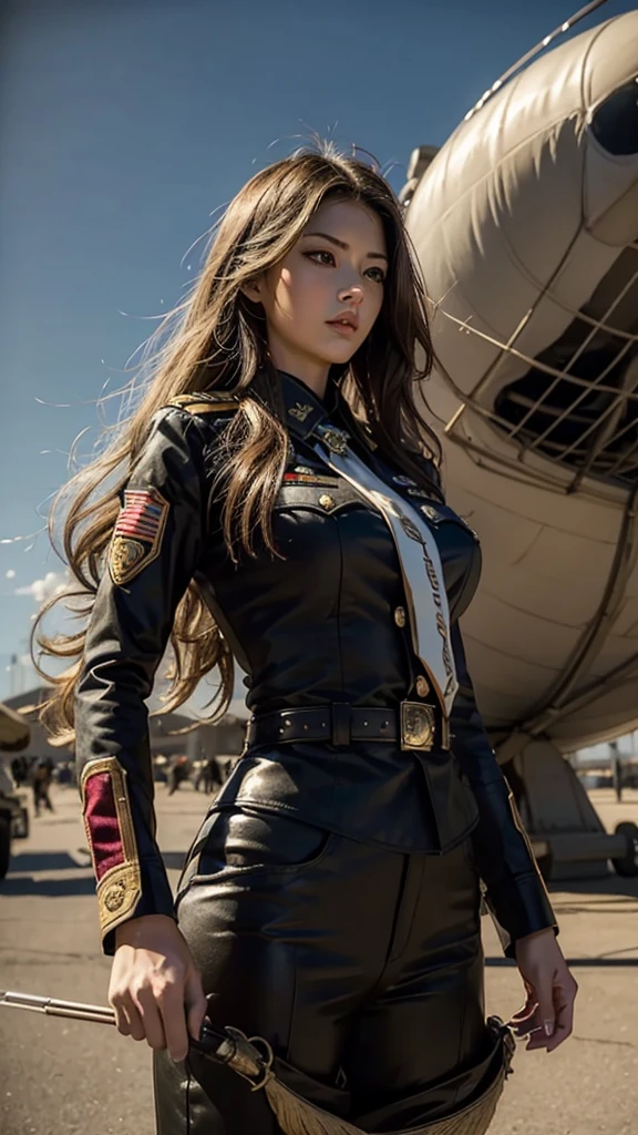 Airship,general,serious,Nine-tailed fox girl,long flowing hair,Big breasts,All American Body,Wear Sergeant Major Clothing,Wearing a sergeant's coat,black stockings