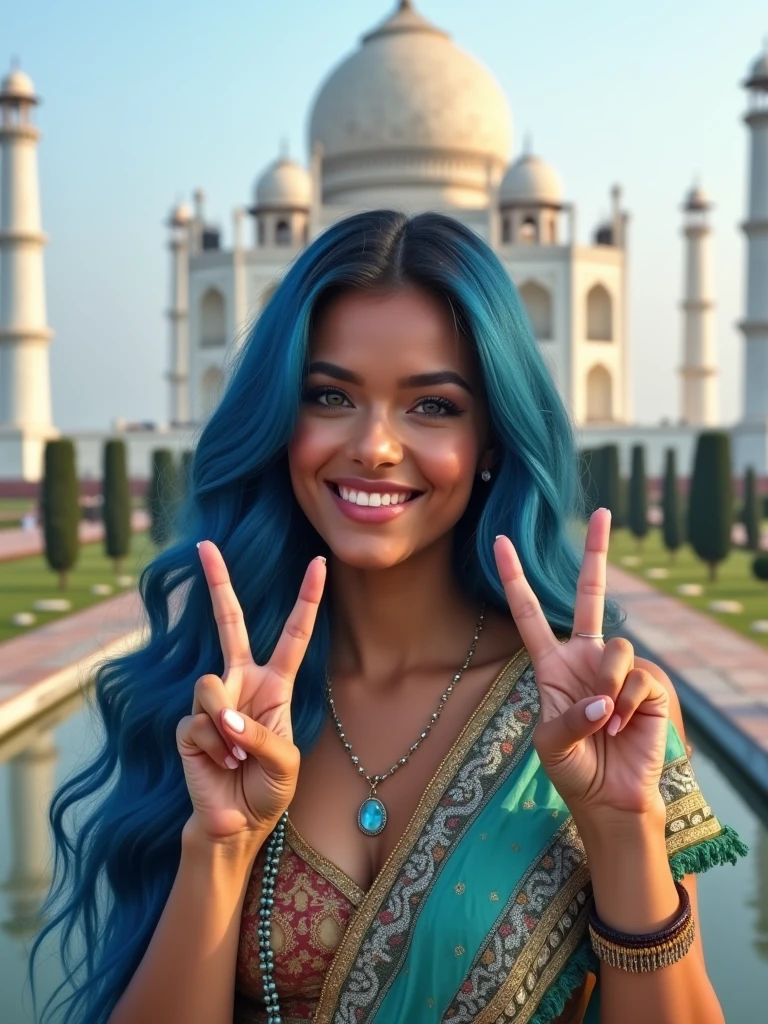 Smiling Beautiful biracial latina woman, long wavy blue hair , blue eyes, large breast, do V sign with her hands in front of Taj Mahal in India, wear India clothes, wink eye,Résolution Haute,