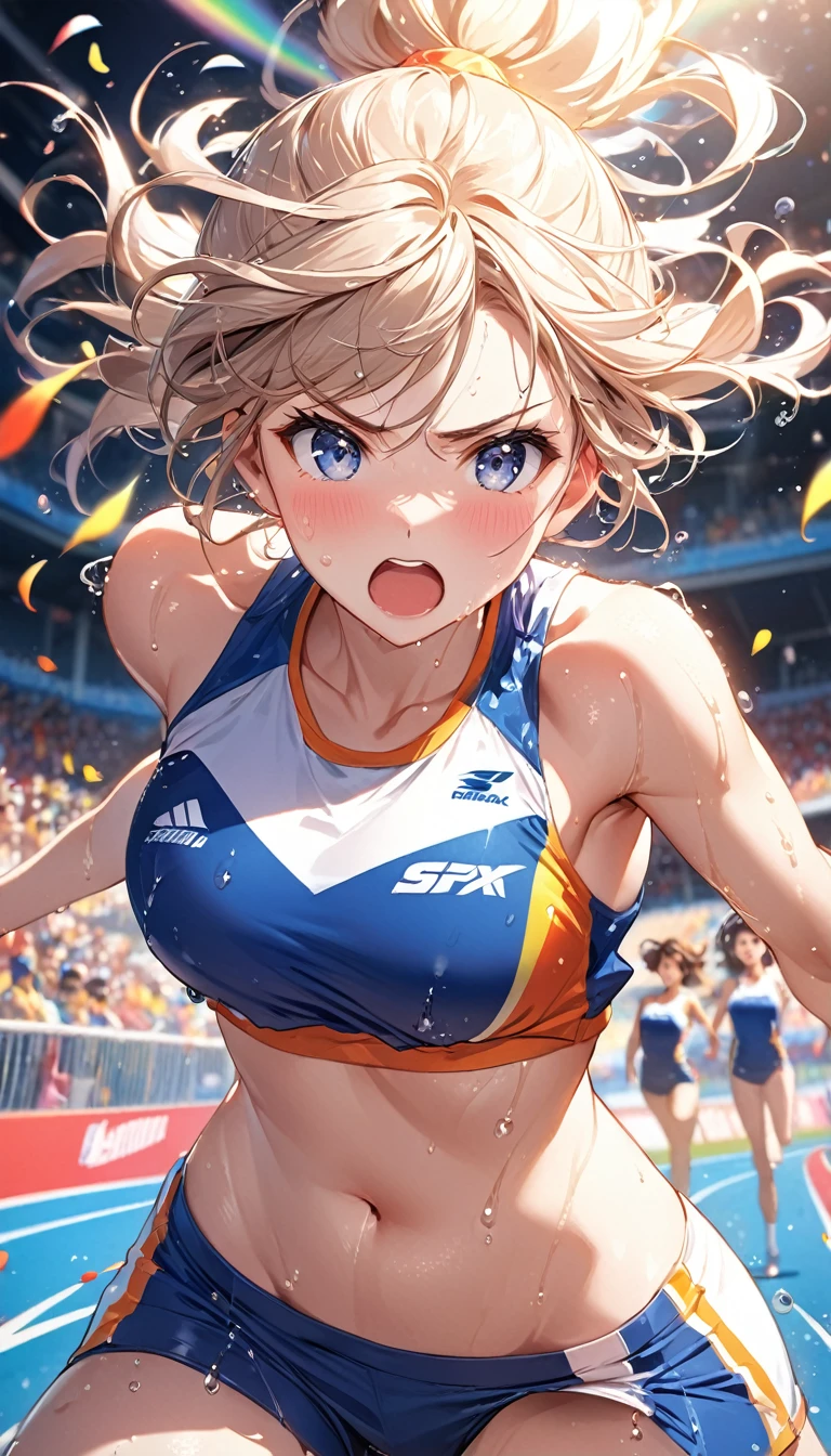 (Sports magazine cover photo), Highest quality, Great quality, 16K, Unbelievably absurd, Very detailed, delicate and dynamic, Natural light, The particles reflect light, Diffuse reflection of light, Many rainbow-colored petals fall, Beautiful truck studium, Sparkling Sun, Diffuse reflection of light, Create amazing image effects, , Wet, sweating, high jump competition, Close-up(Cute sexy girl, big bouncing busts, Sensual expression, Cool girl, Serious, passion, Dynamic, Flashy track and field uniform, audience , much-air-laden cheer)