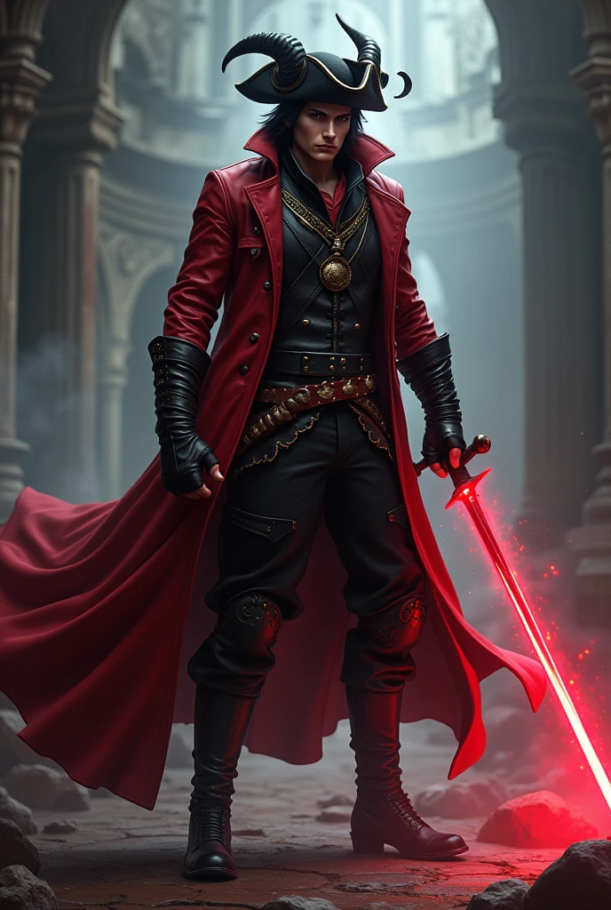 Male red mage, wearing long victorian coat with leather belts tricorn hat, mid long dark hair,  red glowing rapier, flat horn sprouting from the back of the neck to the sides, menacing pose, final fantasy style
