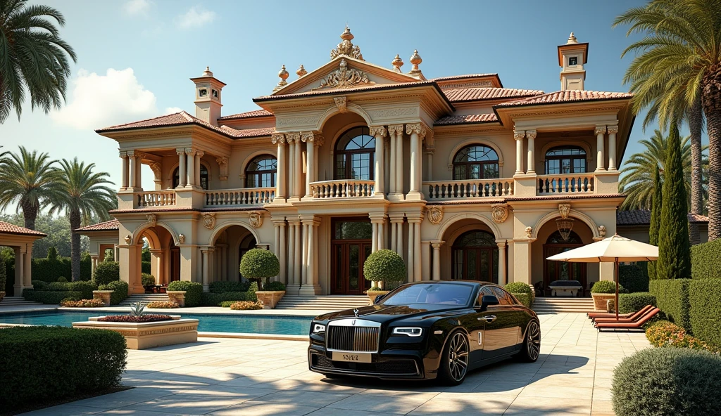 luxury mansion with a car parked in front of it, luxury pool, luxury lifestyle, luxurious environment, luxury architecture, rich, huge mansion, rich style, luxury and elite, extremely opulent, luxurious, hyper luxurious, majestic masterpiece, wealthy, luxury, stunning grand architecture, exquisite masterpiece, flaunting his wealth, inside a grand, architectural masterpiece