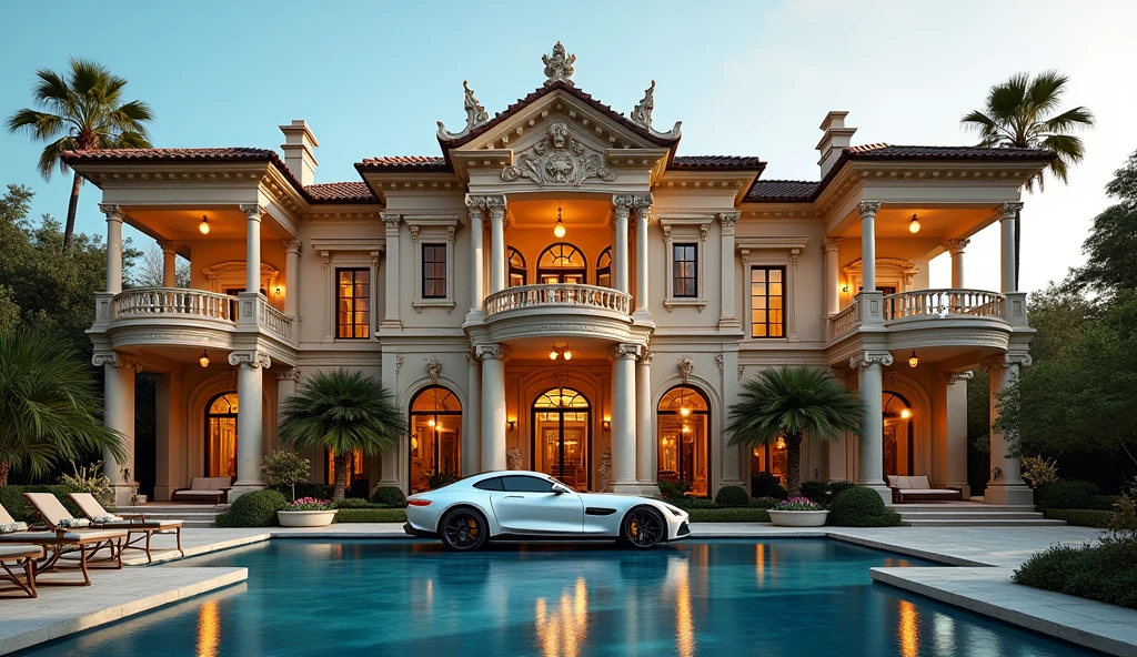 luxury mansion with a car parked in front of it, luxury pool, luxury lifestyle, luxurious environment, luxury architecture, rich, huge mansion, rich style, luxury and elite, extremely opulent, luxurious, hyper luxurious, majestic masterpiece, wealthy, luxury, stunning grand architecture, exquisite masterpiece, flaunting his wealth, inside a grand, architectural masterpiece