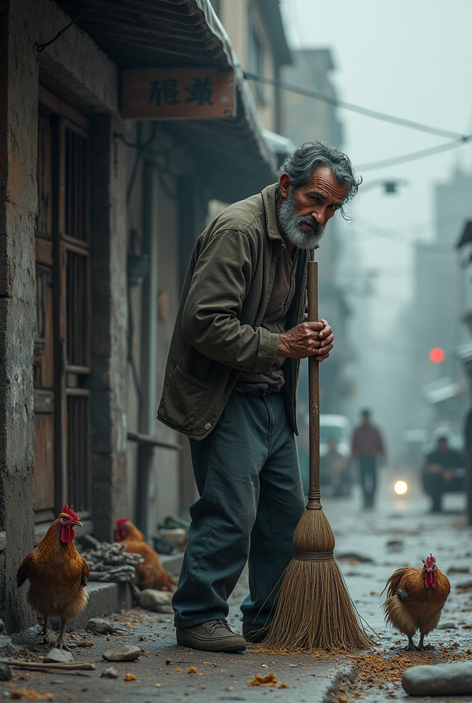 There he was, on another cold morning, with his fingers interlacing the broom handle, sweeping up the crumbs and other dirt that was in front of his door. The cat meowed loudly while imprisoned, the traffic emitted a deafening sound, The rooster... also caged, announced another morning with its precious song. Por fim, even though he was downcast, the man cleaned up all the dirt that was in front of his house. He curled up. Another day done!