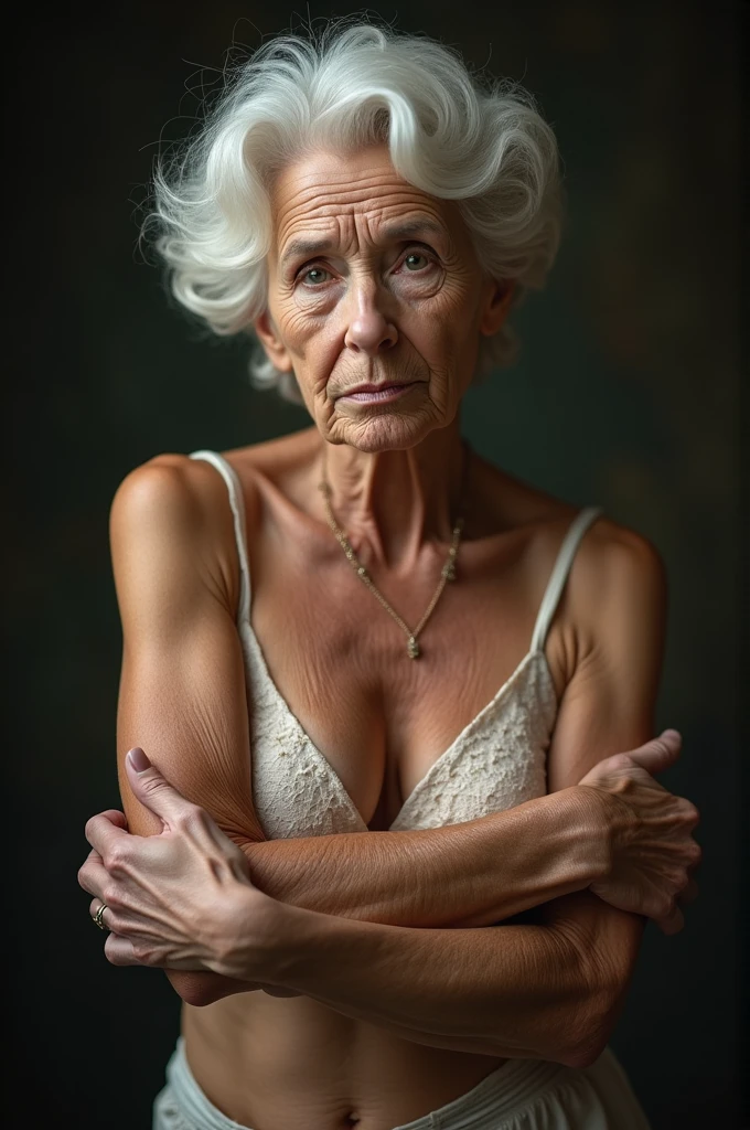 Ultrarealistic, old woman showing tits.