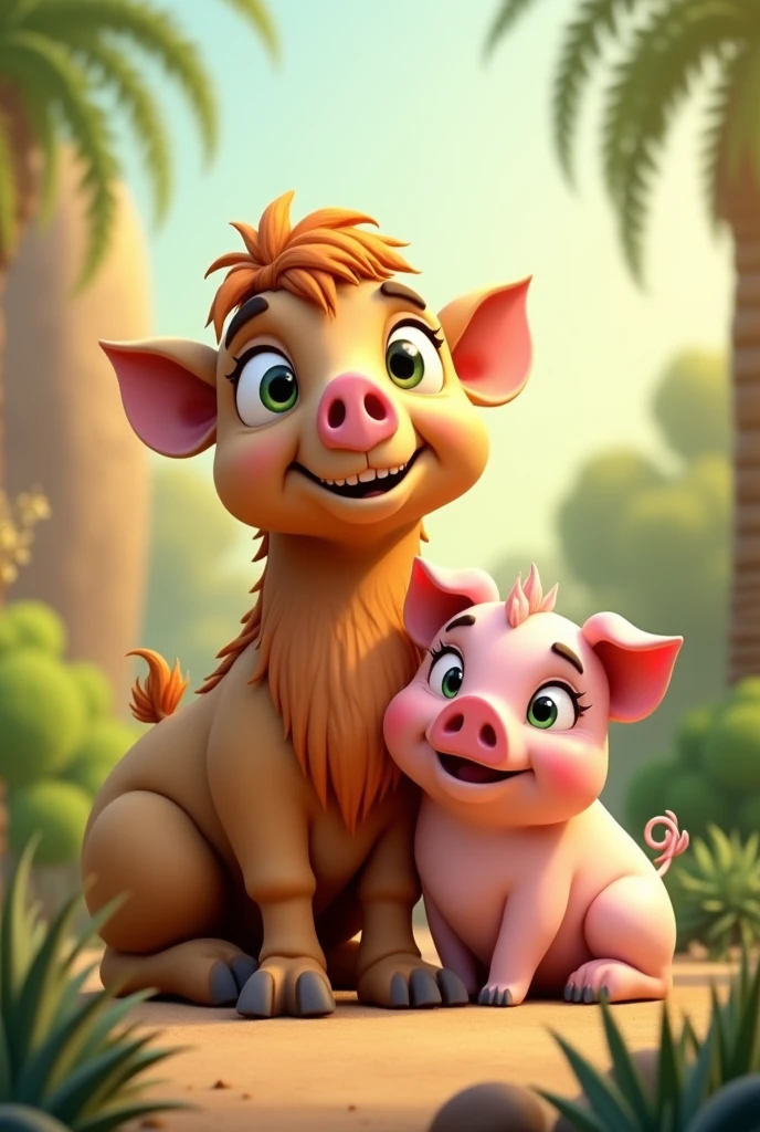 A happy camel and a pig